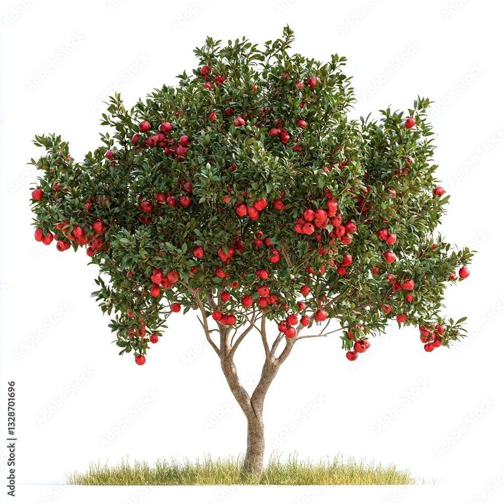 Fototapeta premium Lush apple tree laden with ripe red apples against a white background. (1)
