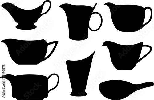 Group of different gravy sauce boats isolated on white background