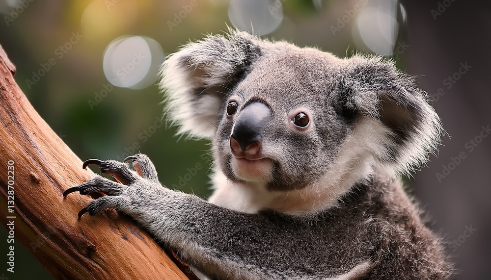Naklejka premium A cute baby koala with messy fur, clinging to a tree branch, looking curious and a little clumsy. Perfect for animal lovers, wildlife themes, and adorable baby animals. 