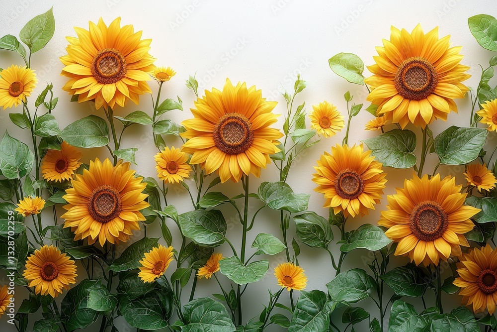 Bright sunflowers bloom against a pale background, creating a vibrant floral display in a cheerful arrangement Bright sunflowers bloom against a pale background, creating a vibrant floral display in a cheerful arrangement