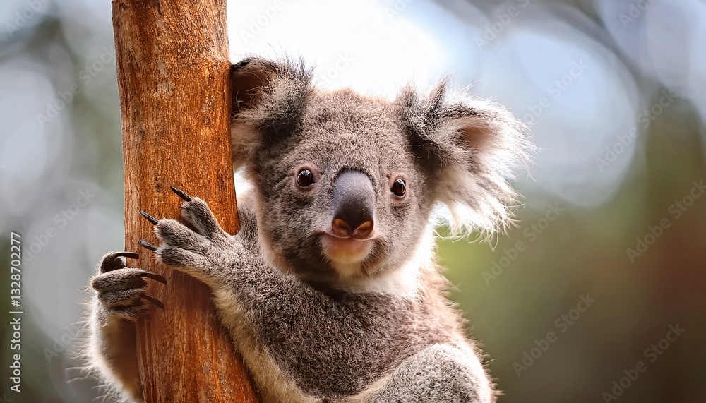 Fototapeta premium A cute baby koala with messy fur, clinging to a tree branch, looking curious and a little clumsy. Perfect for animal lovers, wildlife themes, and adorable baby animals. 