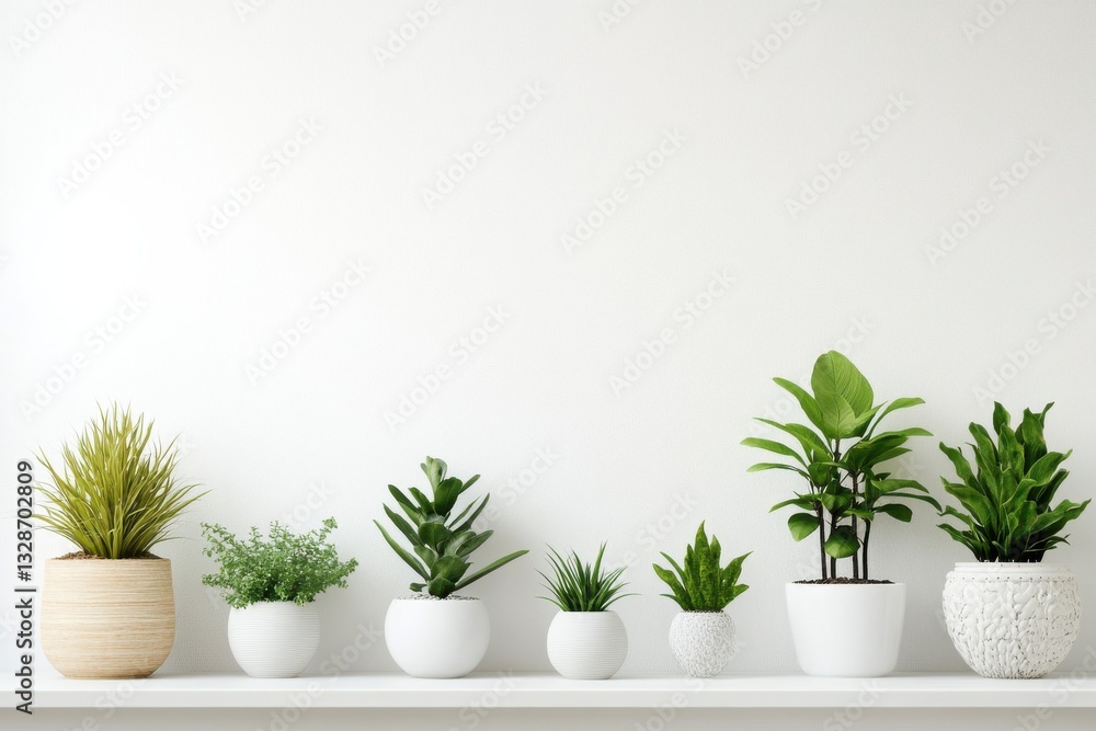 Collection of indoor plants displayed on a white shelf against a plain wall in a bright room Collection of indoor plants displayed on a white shelf against a plain wall in a bright room