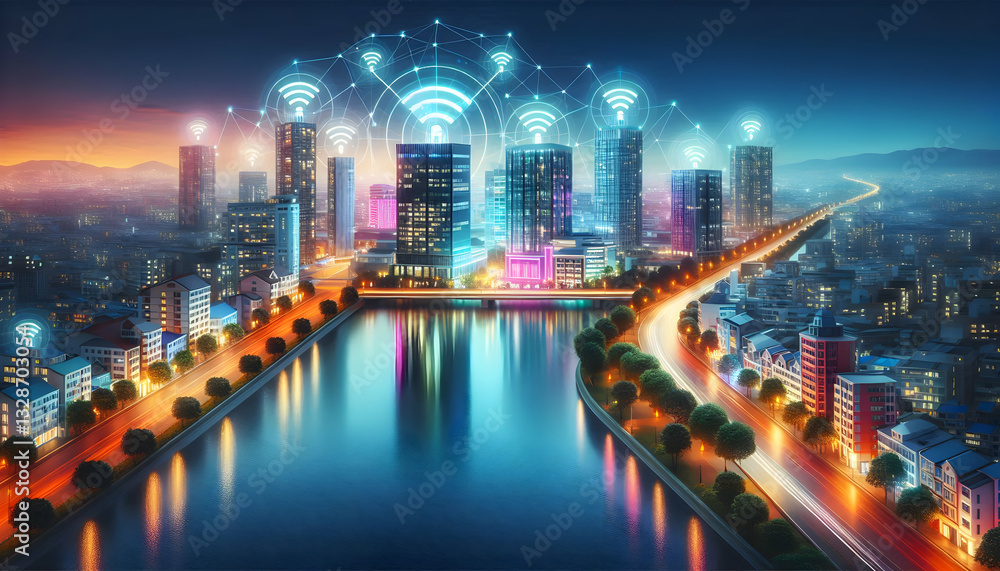 Fototapeta premium Wifi Signal A vibrant city with glowing Wi-Fi icons above buildings, riverside reflections, and a seamless integration of technology into daily urban life, symbolizing smart city development