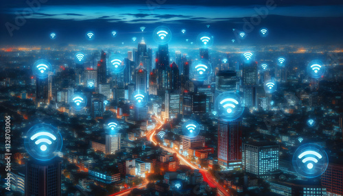 Wifi Signal A vibrant city skyline at night with glowing Wi-Fi icons above the buildings, emphasizing the widespread connectivity that enhances communication across the metropolis