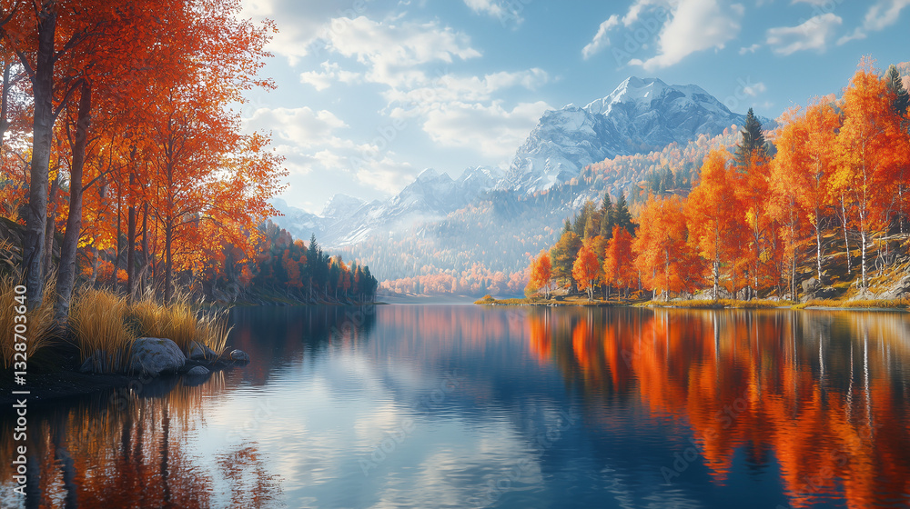 Obraz premium Ultra-Realistic Image of a Peaceful Mountain Lake in Autumn – Breathtaking Natural Beauty