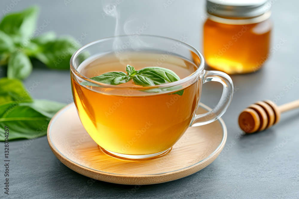 A clear glass cup of golden herbal tea infused with fresh basil leaves, served with honey in a jar. A warm, inviting drink for relaxation and wellness, set on a dark textured background