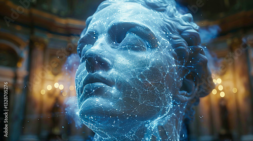 A fusion of Renaissance architecture with futuristic elements - digital frescoes forming in real-time, glowing classical statues made of fractal light, and AI-driven artistic evolution