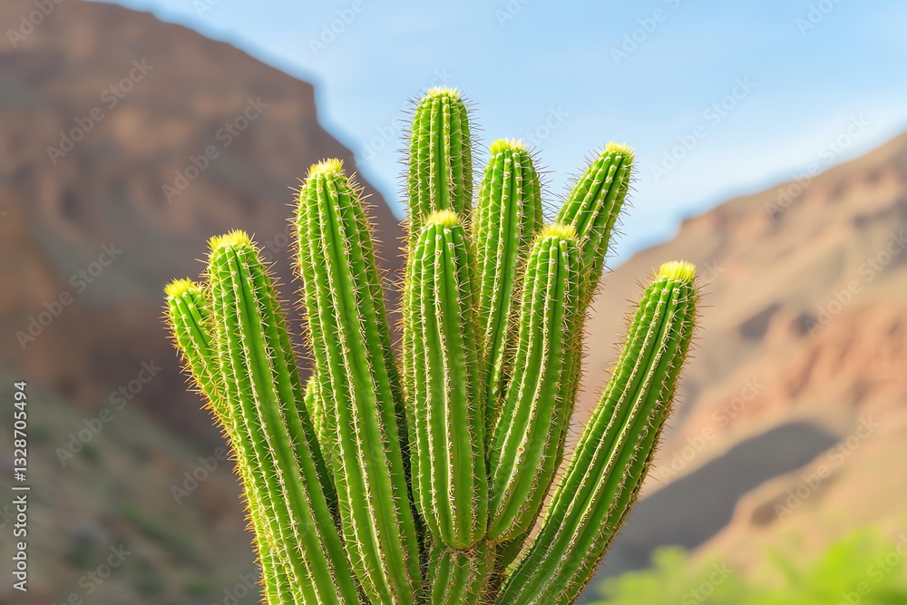 Green Cactus Growing in Desert Environment with Mountains Background Green Cactus Growing in Desert Environment with Mountains Background