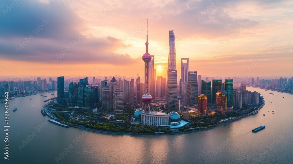 Obraz premium A beautiful skyline of a city at sunrise over the river