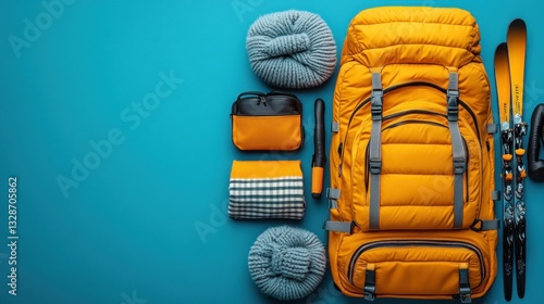 Ski trip essentials laid out on a vibrant blue background, featuring a bright orange backpack, warm clothing, and accessories.