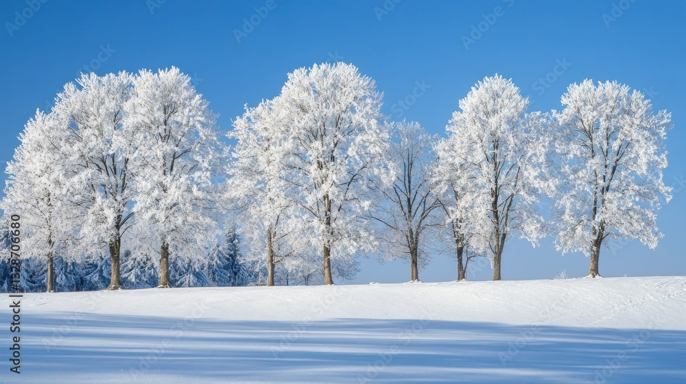 Frost covered trees stand over a snow covered landscape Frost covered trees stand over a snow covered landscape