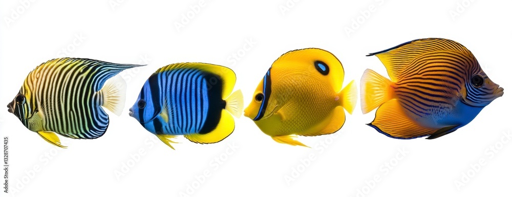 Four vibrant tropical fish swim in a row against a white background. The fish exhibit a variety of colors and patterns, including yellow, blue, and green. Four vibrant tropical fish swim in a row against a white background. The fish exhibit a variety of colors and patterns, including yellow, blue, and green.
