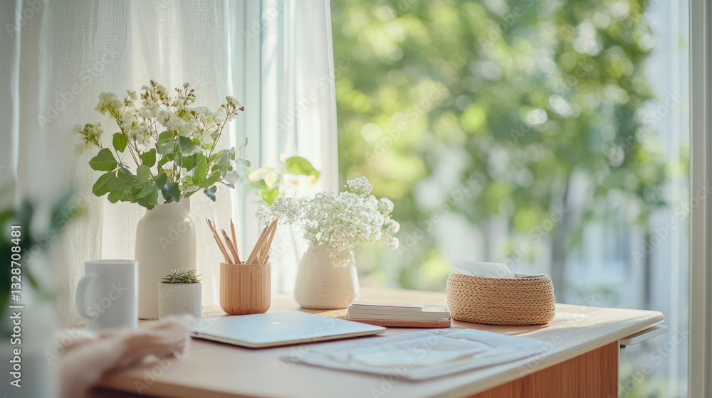 Cozy workspace with fresh flowers and computer, design for home office, wellness, and natural light filled interior Cozy workspace with fresh flowers and computer, design for home office, wellness, and natural light filled interior