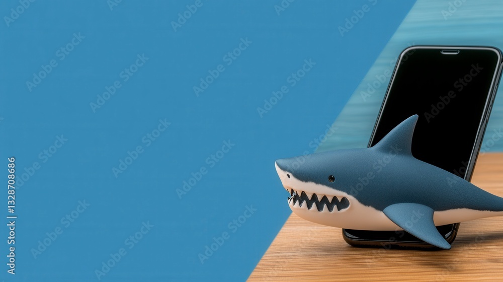 A playful image featuring a small, blue shark figurine supporting a smartphone against a simple background of light blue and wood. A playful image featuring a small, blue shark figurine supporting a smartphone against a simple background of light blue and wood.