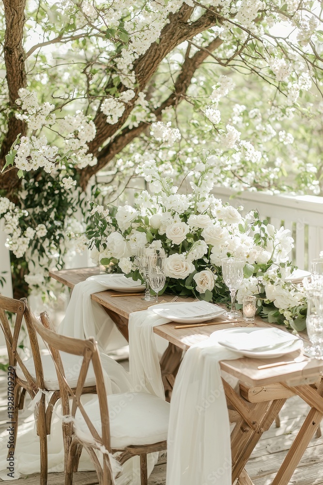 Fototapeta premium A rustic dining table adorned with white flowers, surrounded by greenery, perfect for outdoor gatherings.