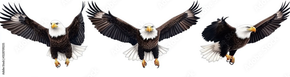 Obraz premium Three majestic bald eagles in flight against a white background, showcasing their powerful wings and sharp features. The images are detailed and show the eagles' feathers and talons clearly.