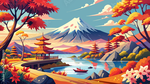Colorful Autumn Season and Mountain Fuji with morning fog and red leaves at lake Kawaguchiko is one of the best places in Japan