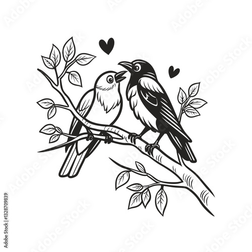  birds on branch - love and romance concept.