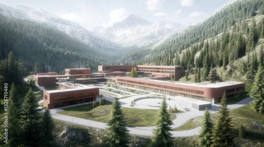 Naklejka premium A school surrounded by mountains, offering a scenic and peaceful learning environment