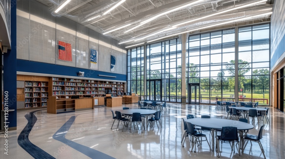 Fototapeta premium A spacious school library with towering bookshelves and study areas