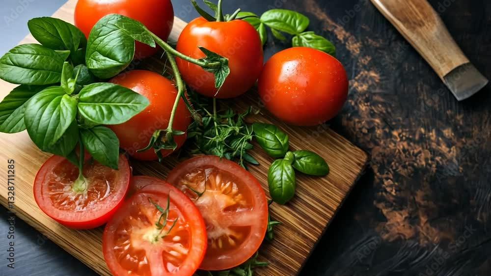 Fresh tomatoes and herbs on a wooden board Fresh tomatoes and herbs on a wooden board