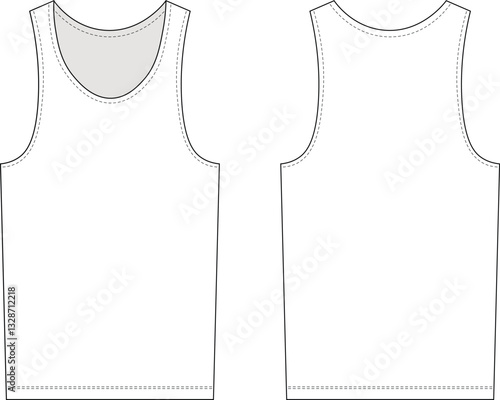 round neck u neck sleeveless basic esential tank top template technical drawing flat sketch cad mockup fashion man men male design style model 
