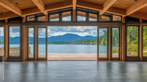 A waterfront modern home with large sliding glass doors, overlooking a calm lake