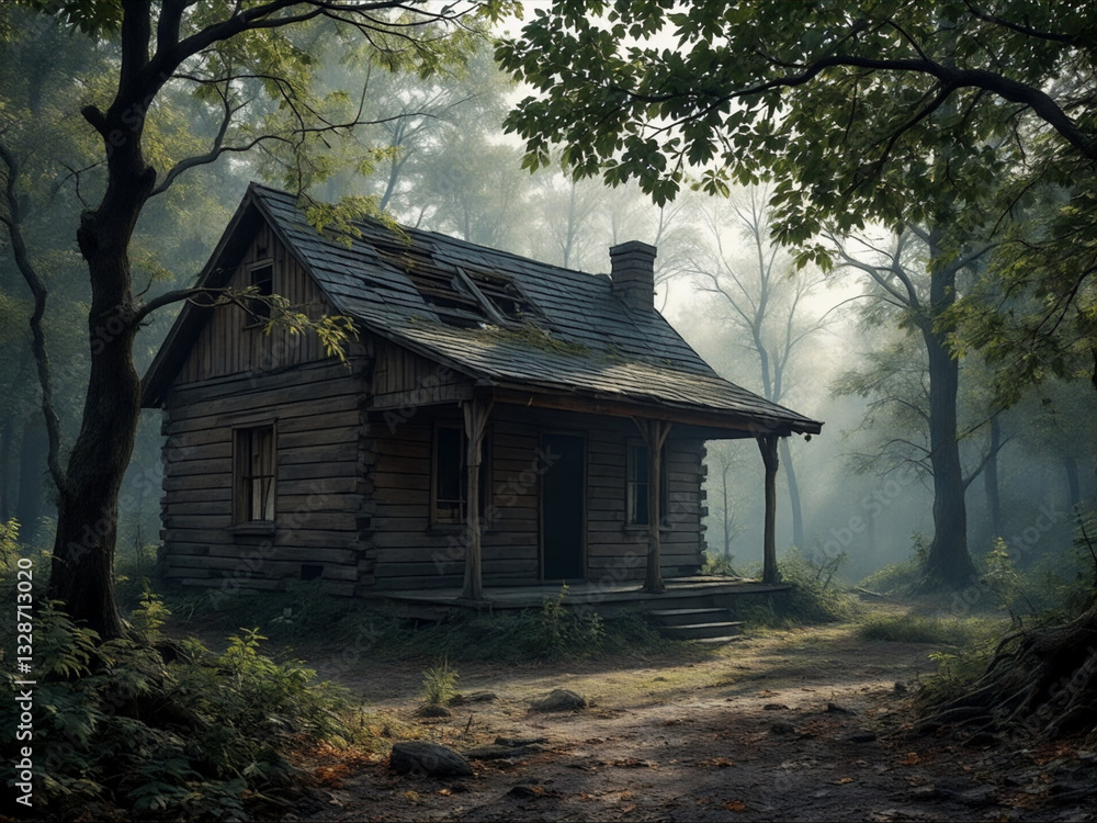 Rustic Wooden Cabin in Misty Forest at Dusk Rustic Wooden Cabin in Misty Forest at Dusk