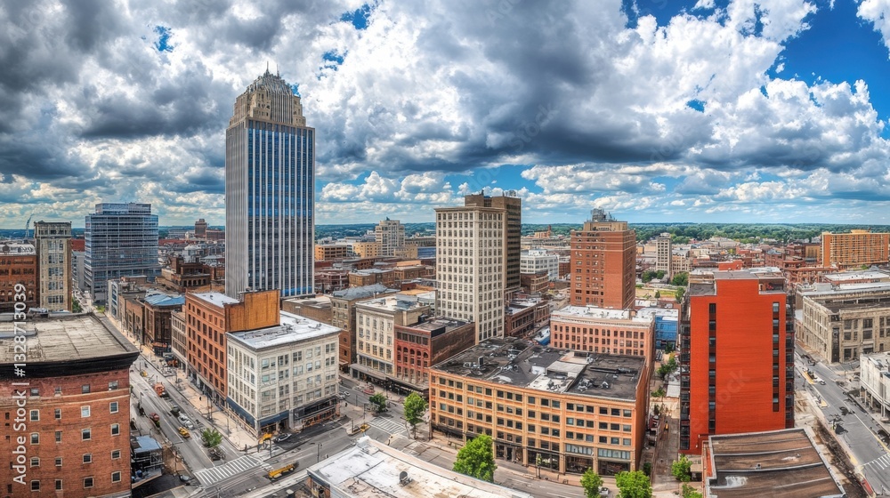 Fototapeta premium A wide-angle city skyline featuring iconic office buildings under a cloudy sky