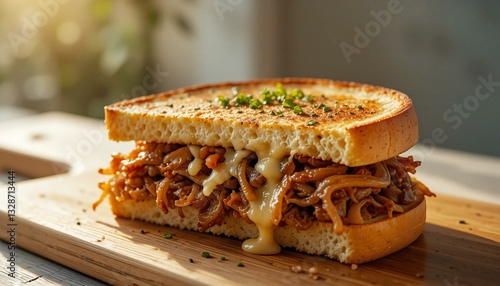 Toast Sandwich Featuring Pulled Meat, Caramelized Onions, and Melted Cheese.