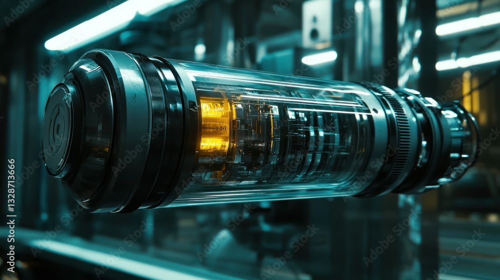 A futuristic cylindrical device floats in a sterile environment A futuristic cylindrical device floats in a sterile environment
