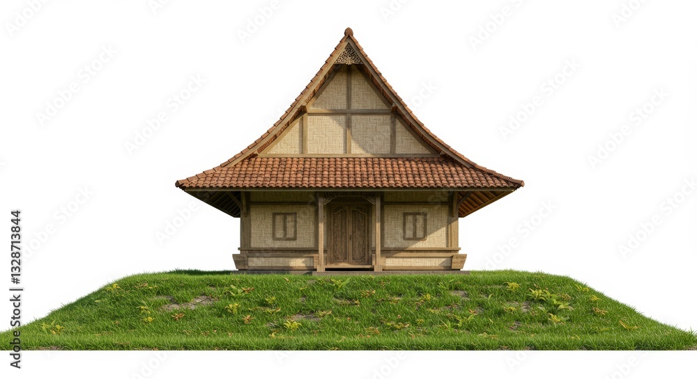 Fototapeta premium Small Traditional House with Tiled Roof Standing on Grassy Knoll