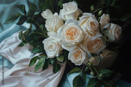 Close up of a bouquet of white roses with green leaves, resting on a soft, elegant silk drapery, creating a luxurious and romantic atmosphere