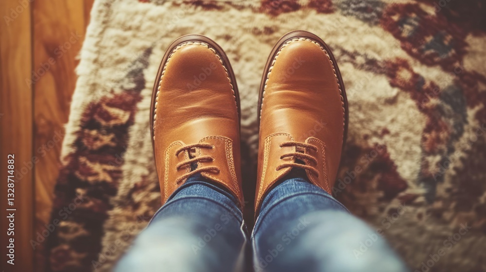 A person is wearing brown shoes and denim jeans A person is wearing brown shoes and denim jeans
