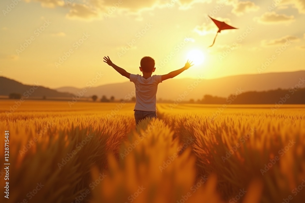 A child runs through a wheat field at sunset, arms outstretched, the golden light making the scene look dreamlike A child runs through a wheat field at sunset, arms outstretched, the golden light making the scene look dreamlike
