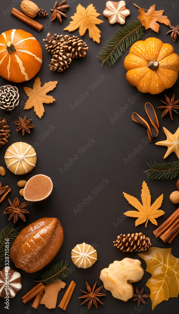 Autumnal border of gourds, leaves, spices, and baked goods on dark background Autumnal border of gourds, leaves, spices, and baked goods on dark background