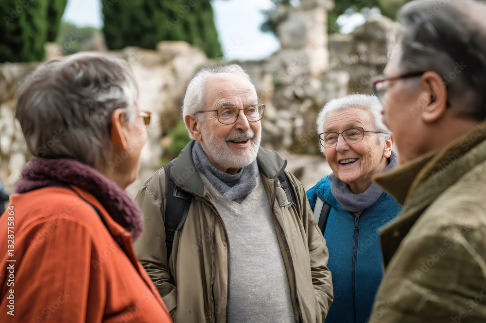 Smiling senior friends enjoying a guided tour in a park, sharing stories and laughter during a pleasant day together