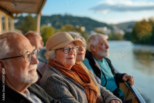 Group of senior tourists enjoying a leisurely river cruise on a bright, sunny day, soaking in the beautiful scenery and nature around them photo