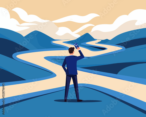 Confused Businessman Faced with Multiple Path Choices - Career Decision Making and Business Growth Direction - Paradox of Choice Concept