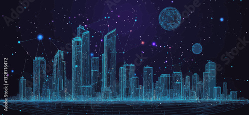 Futuristic Megalopolis Skyline Vector in a Starry Universe, Abstract Wireframe City with Planetary Elements, Minimalist Space Architecture Concept