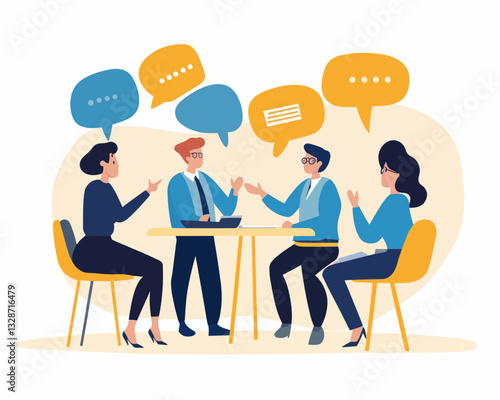 Business Team Brainstorming Meeting with Speech Bubbles, Flat Minimalist Vector, Colleagues Discussing Ideas, Team Communication and Collaboration, Office Work and Teamwork Concept