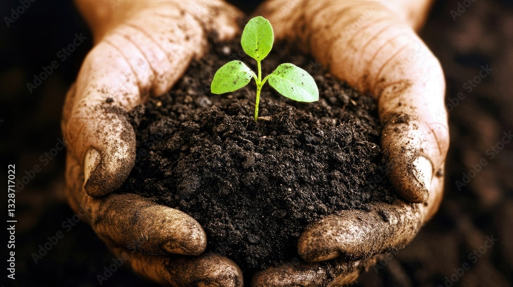 A close-up of hands gently cradling soil with a tiny plant sprouting, emphasizing sustainable agriculture. A close-up of hands gently cradling soil with a tiny plant sprouting, emphasizing sustainable agriculture.