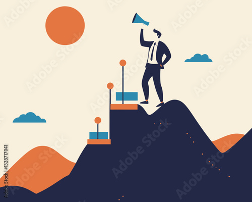 Businessman Climbing Growth Chart with Vision for Future Goals and Success in Flat Minimalist Vector Illustration