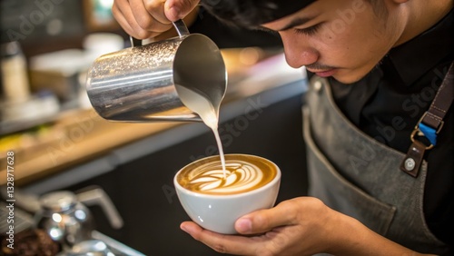 Barista expertly pouring milk to create latte art.