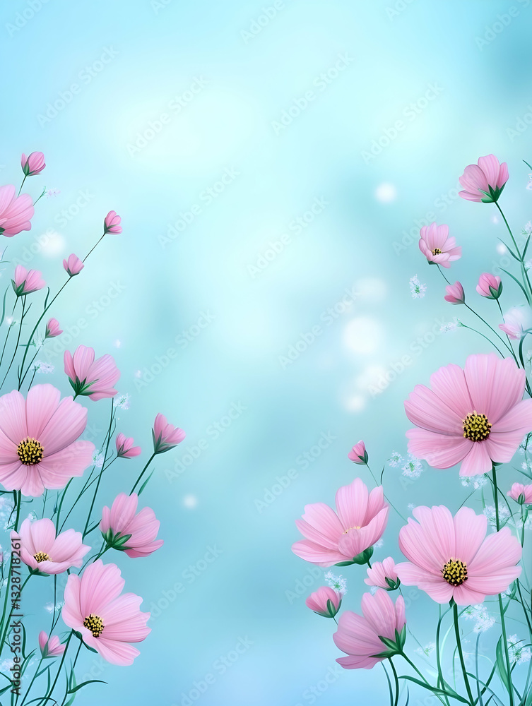Delicate pink cosmos flowers frame a soft blue, bokeh-filled background Delicate pink cosmos flowers frame a soft blue, bokeh-filled background