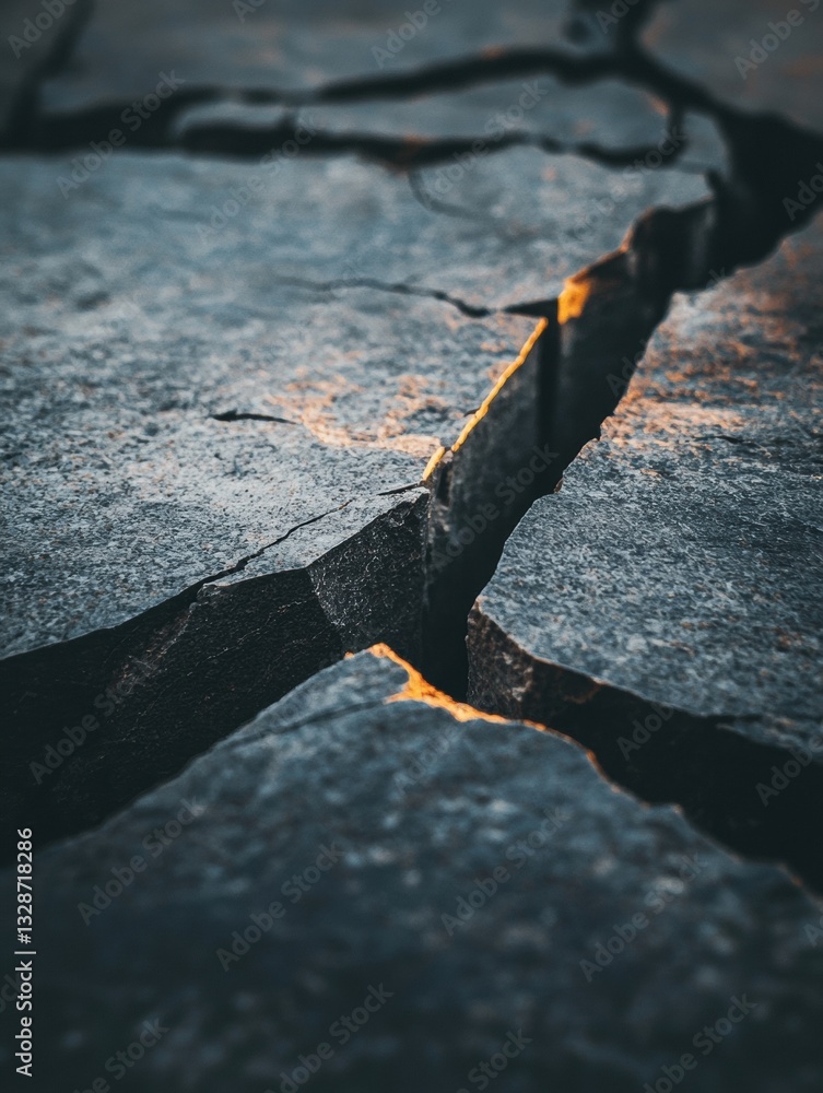 Fototapeta premium Close-up of a crack in a concrete surface. the crack appears to be deep and wide, with a jagged edge. the cracks are jagged and uneven, with some areas appearing darker and others lighter.