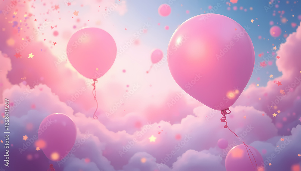 Festive balloons in the sky, cheerful mood, dreamy background, soft clouds and stars, copy space Festive balloons in the sky, cheerful mood, dreamy background, soft clouds and stars, copy space