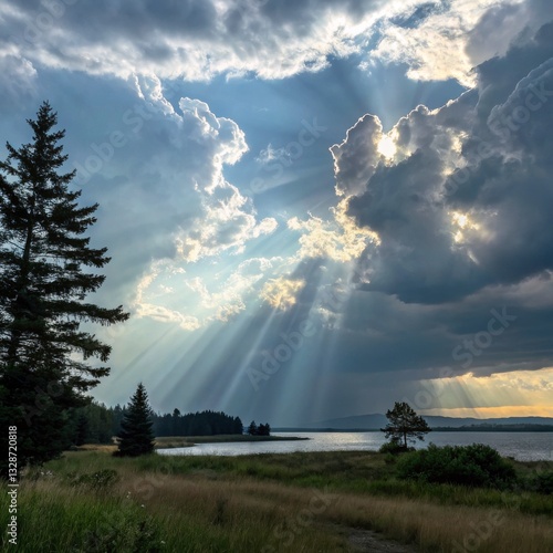 Sunbeams pierce through clouds over a tranquil lake.