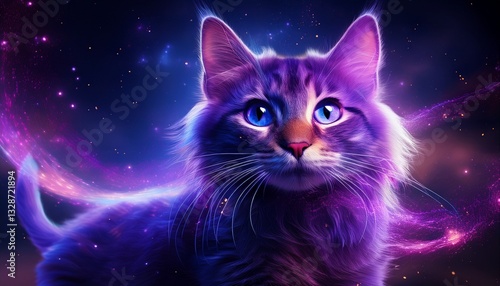 A mystical cat with a glowing purple aura, its tail leaving a shimmering trail of stardust. Perfect for fantasy, magic, and mystical themes, evoking a sense of wonder and supernatural energy.
