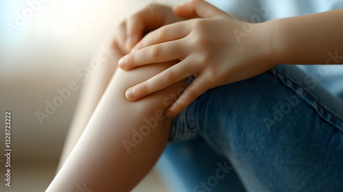 Wallpaper Mural Girl wearing three-quarter jeans blue t-shirt sitting holding injured knee with both hands after falling waiting doctor hospital Torontodigital.ca